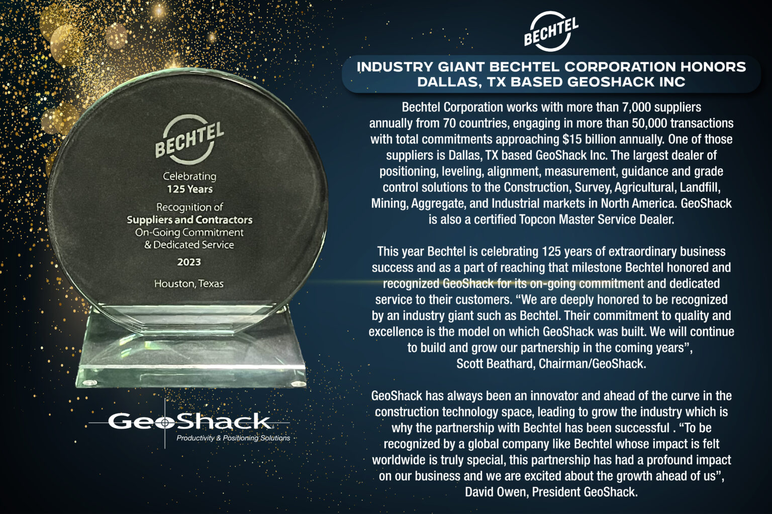 Bechtel Ranking Industry Giant Bechtel Corporation Honors Dallas, TX Based GeoShack Inc ...